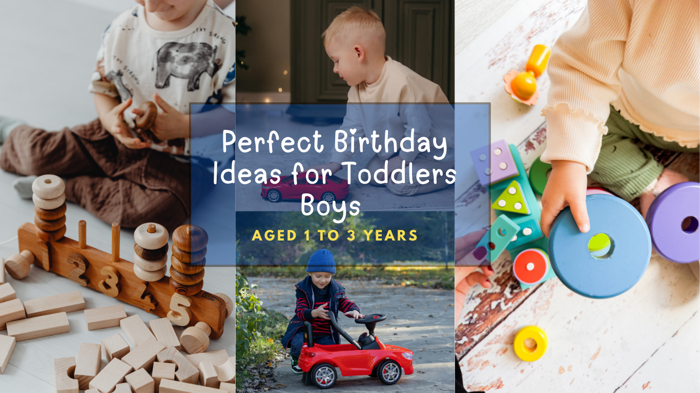 Flat lay of best toddler boy gifts 2025 for ages 1–3 including scooter, building blocks, stacking toys, sensory play items, and puzzles with text overlay reading Best Toddler Boy Gifts 2025 Fun and Learning"