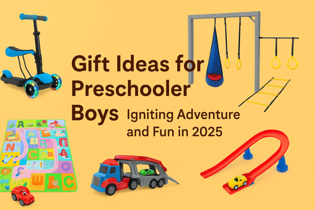 Featured image showing preschooler boys’ gift ideas including scooter, play mat, toy truck, and race track for 2025.