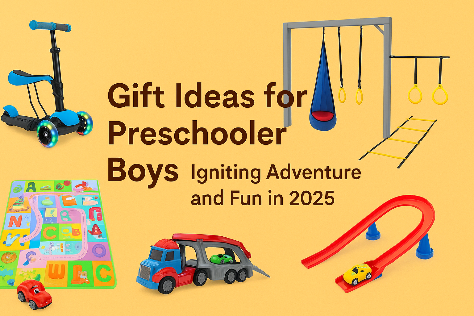 Featured image showing preschooler boys’ gift ideas including scooter, play mat, toy truck, and race track for 2025.