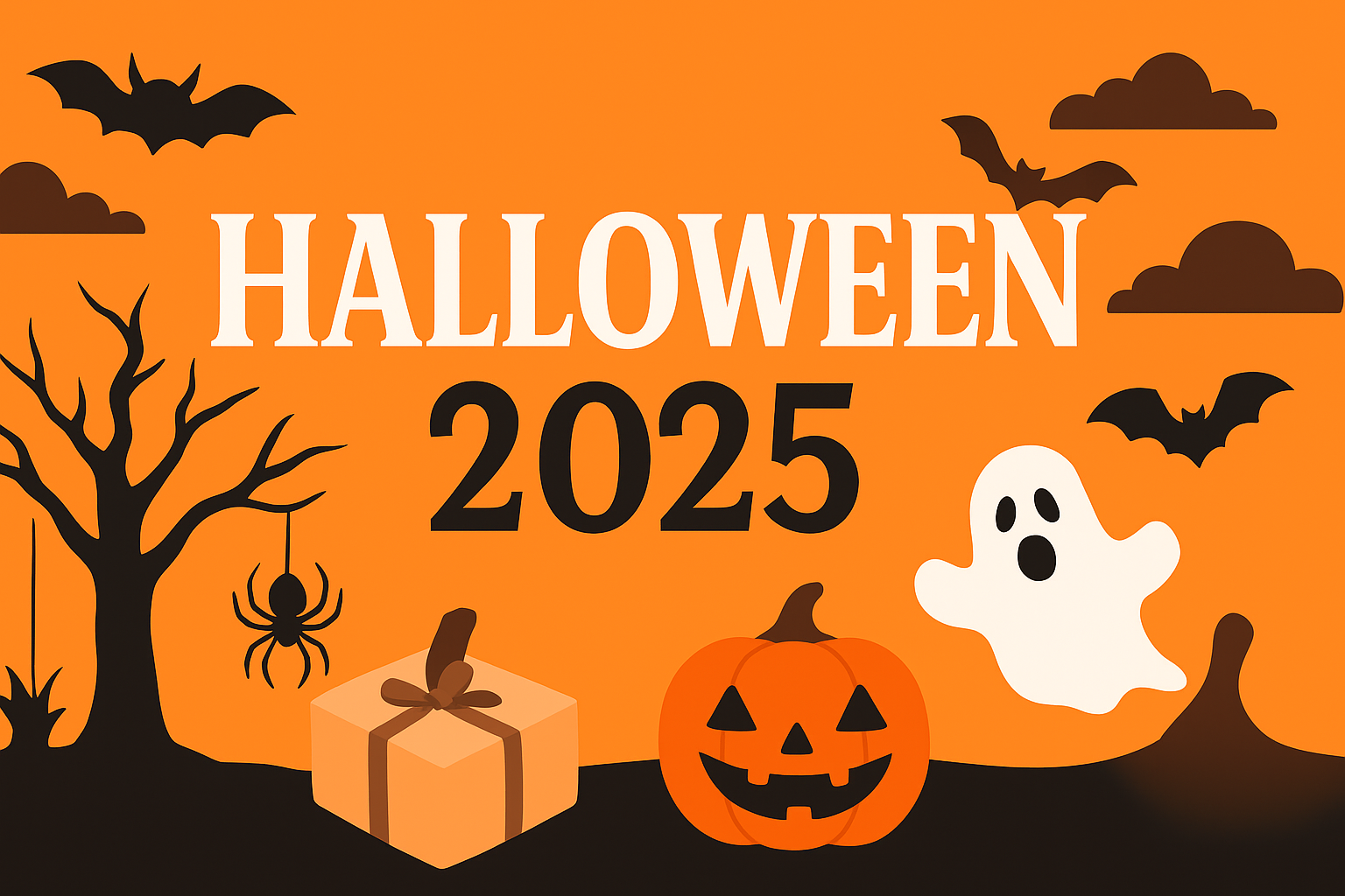 Halloween 2025 banner with pumpkins, bats, candles, and string lights representing quick and easy last-minute Halloween decorations that ship fast