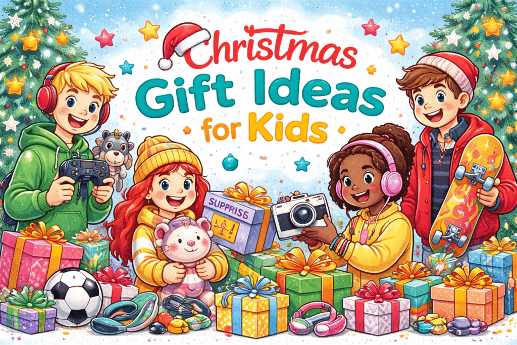Christmas gift ideas for kids featuring fun toys and festive holiday decorations