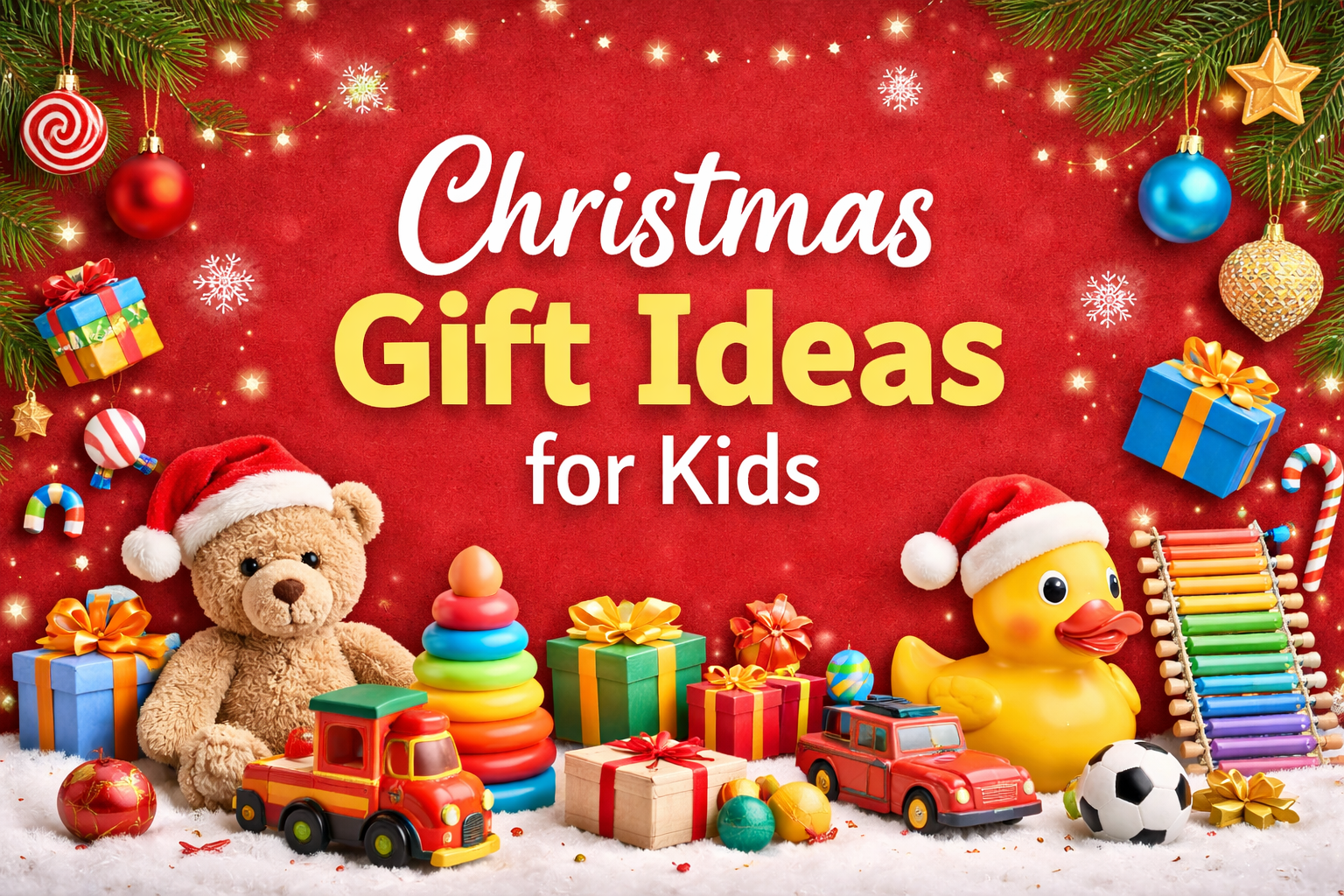 Christmas gift ideas for kids featuring toys, teddy bear, and festive holiday decorations