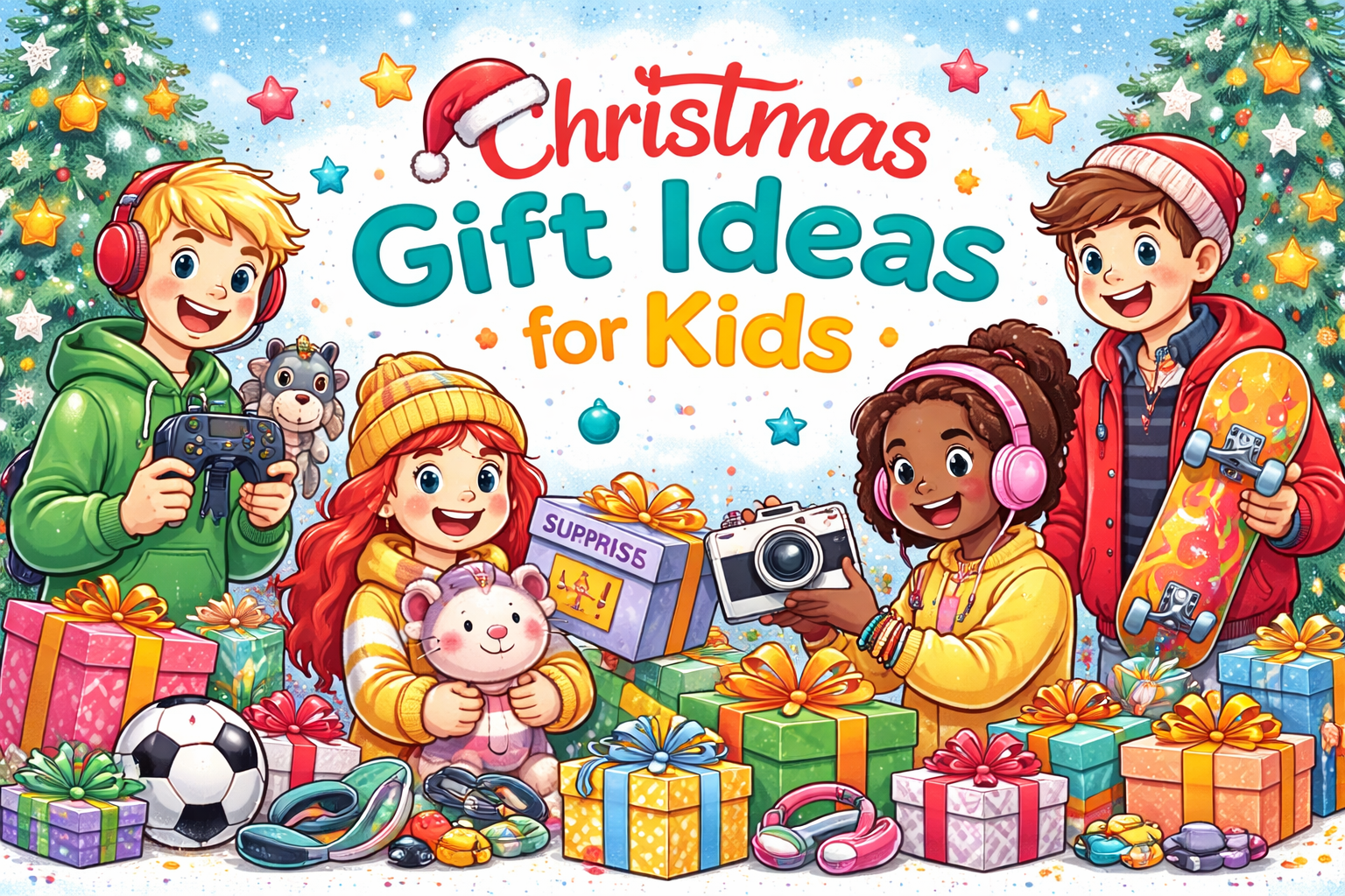 Christmas gift ideas for kids featuring fun toys and festive holiday decorations