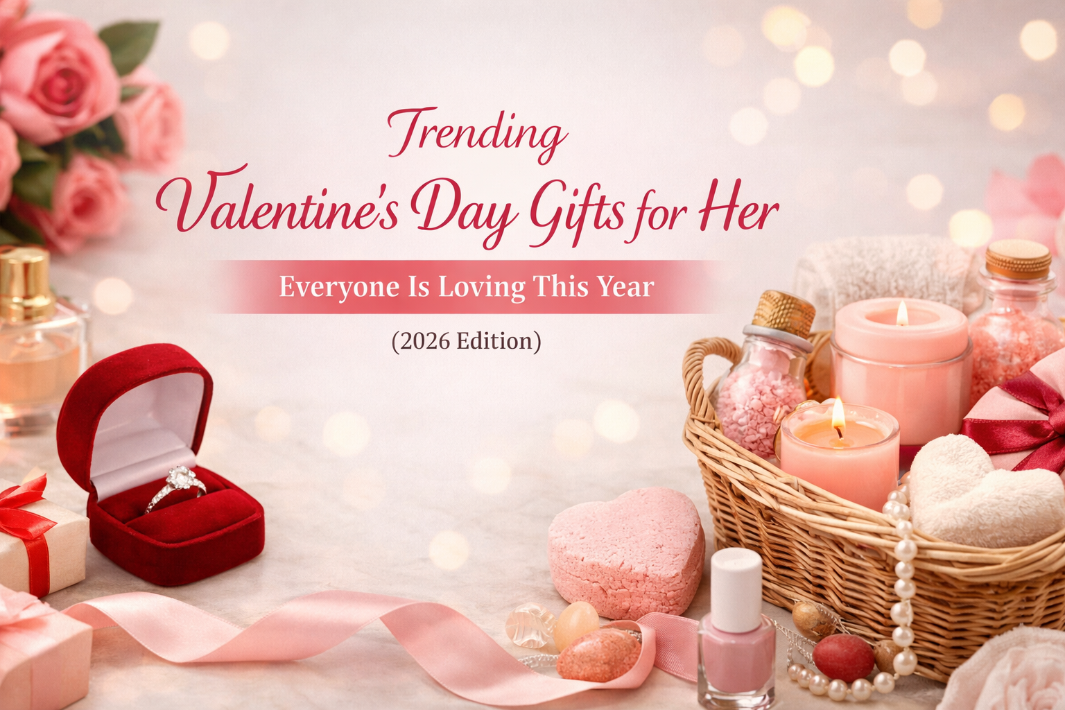 Trending Valentine’s Day gift ideas for her including luxury gifts, self-care kits, and romantic gift baskets for 2026