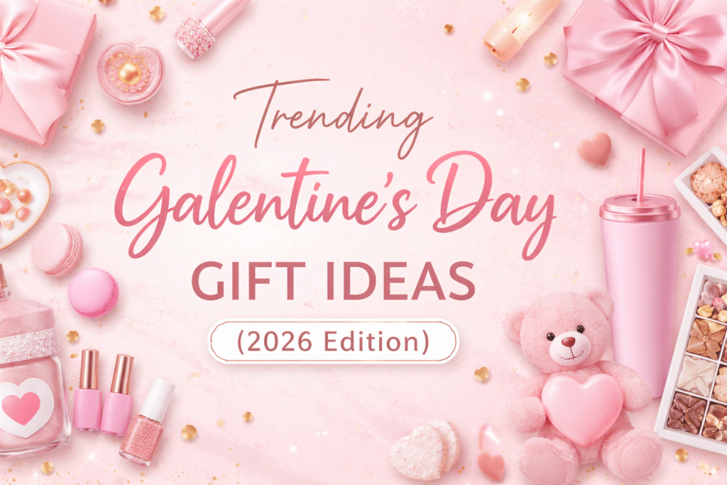 Trending Galentine’s Day gift ideas for women in 2026 featuring pink gift baskets, self-care items, chocolates, and friendship gifts.