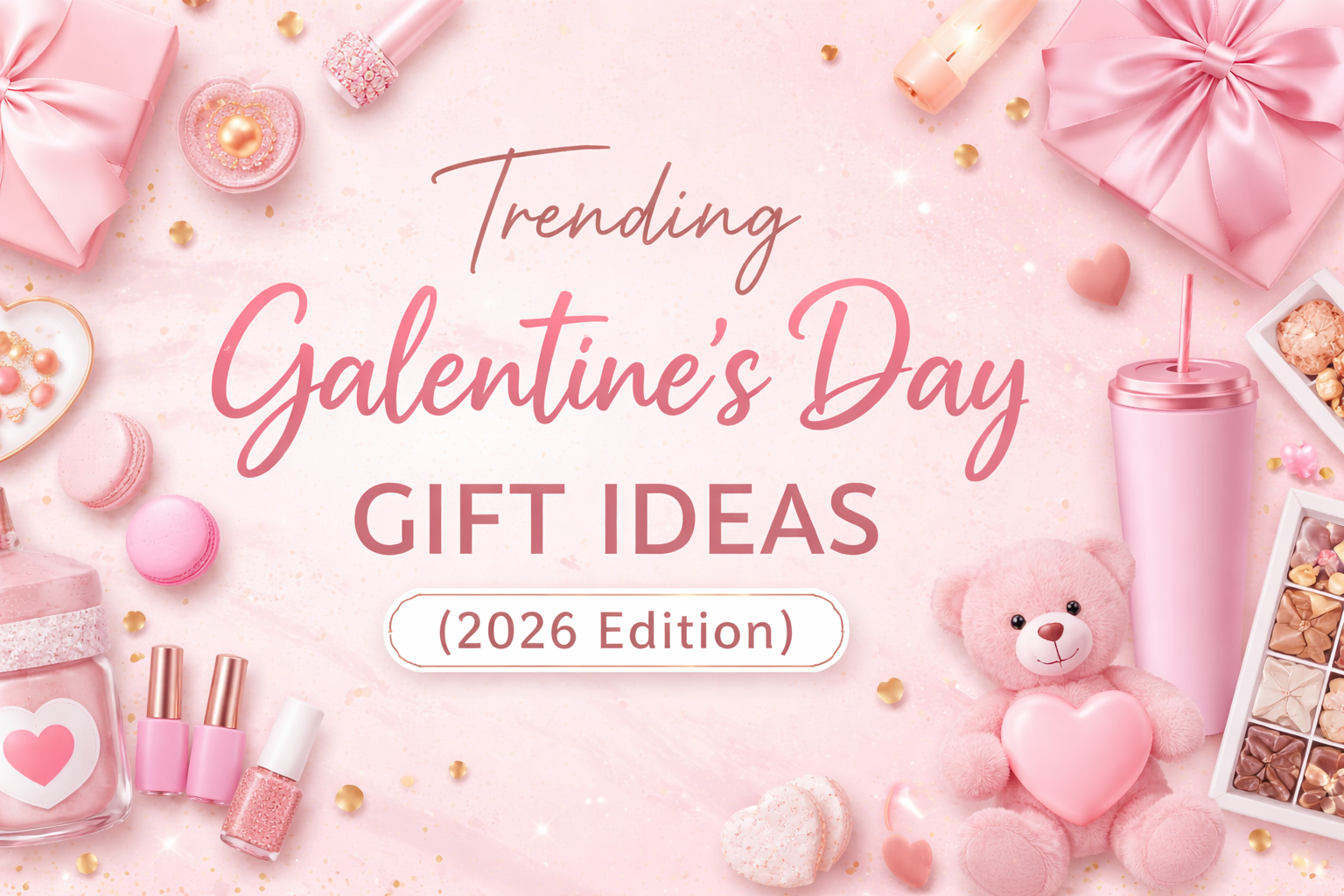 Trending Galentine’s Day gift ideas for women in 2026 featuring pink gift baskets, self-care items, chocolates, and friendship gifts.